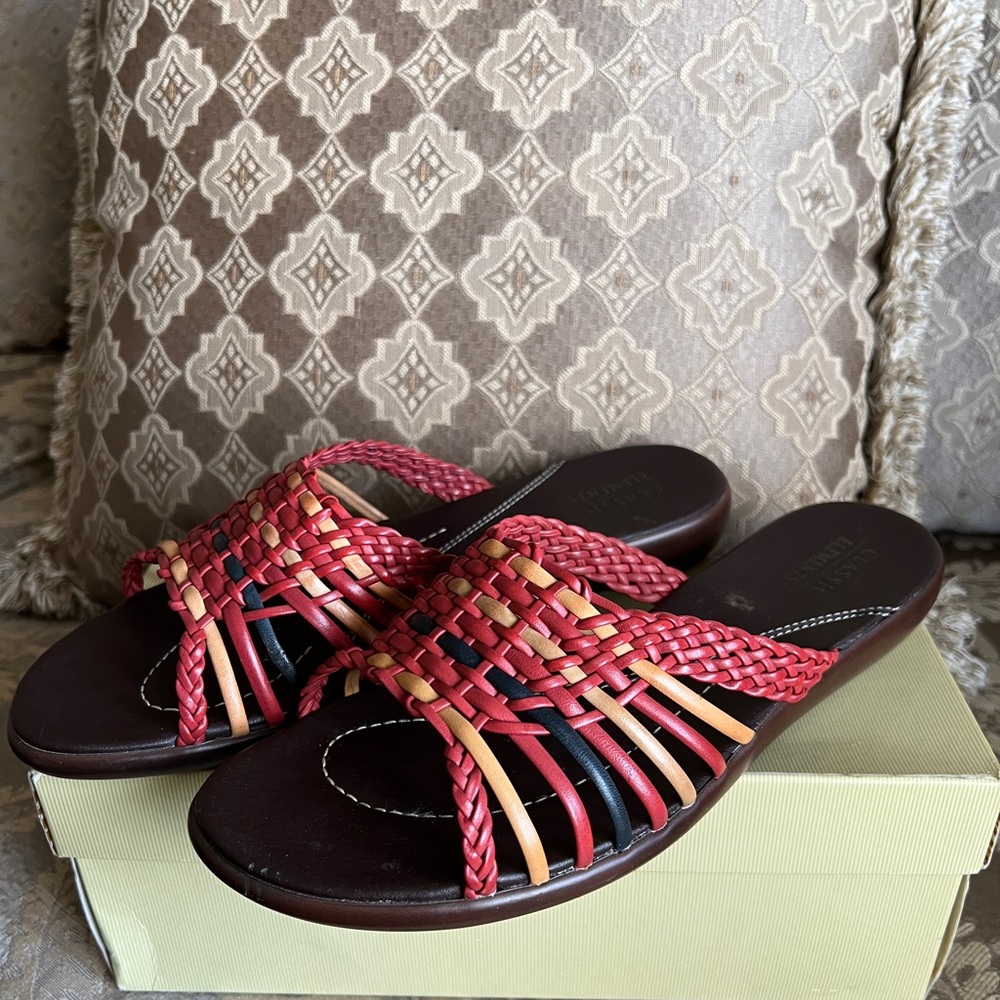 Classic Elements sandals with orange tone rainbow. Size 10